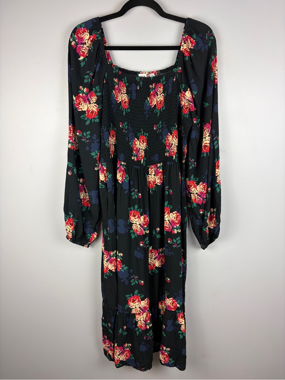 GAP Black Floral Smocked Square Neck Midi Dress Large